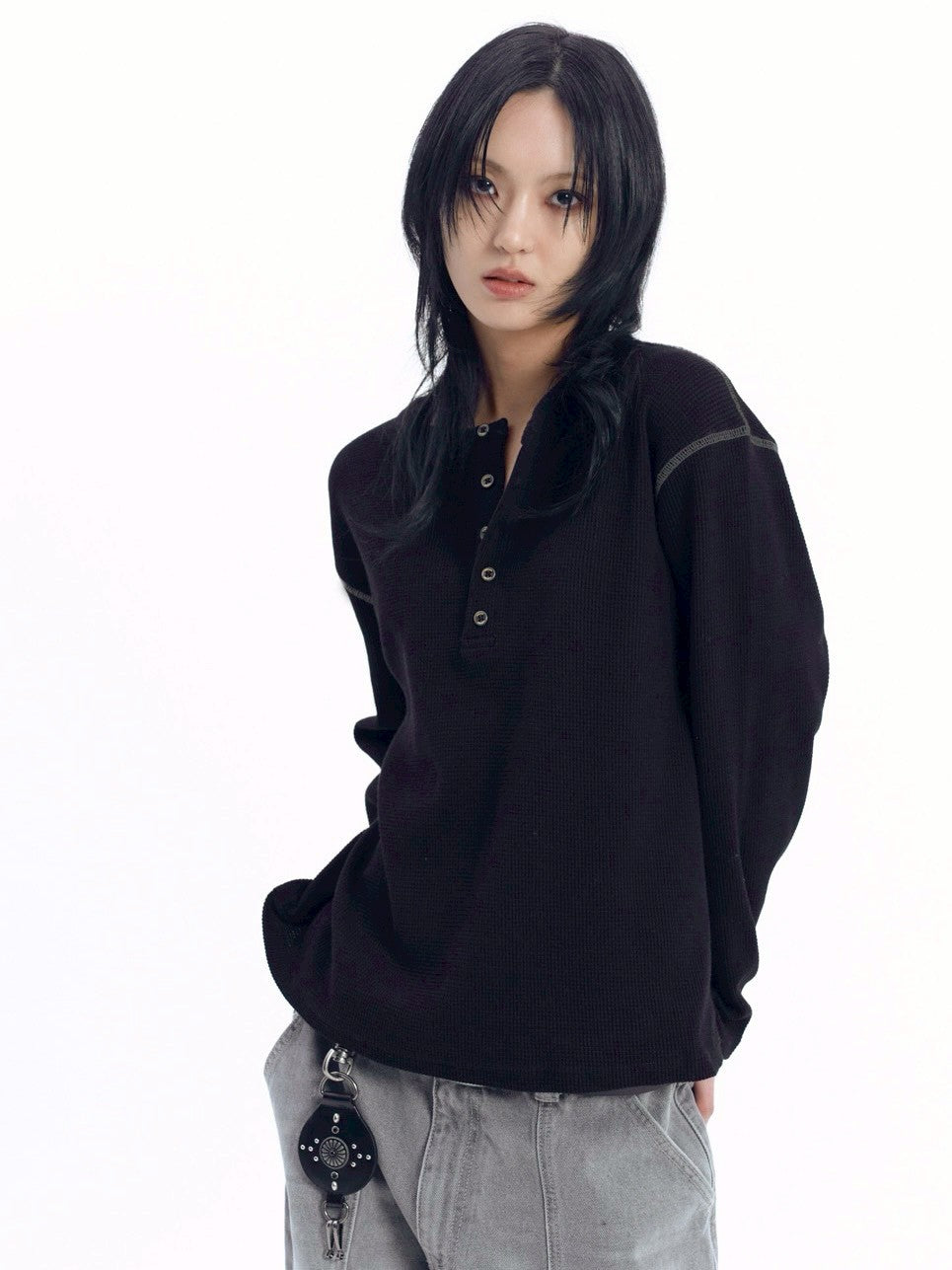 【AAKAM】Henley Neck Waffle Long Sleeve