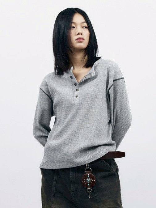 【AAKAM】Henley Neck Waffle Long Sleeve