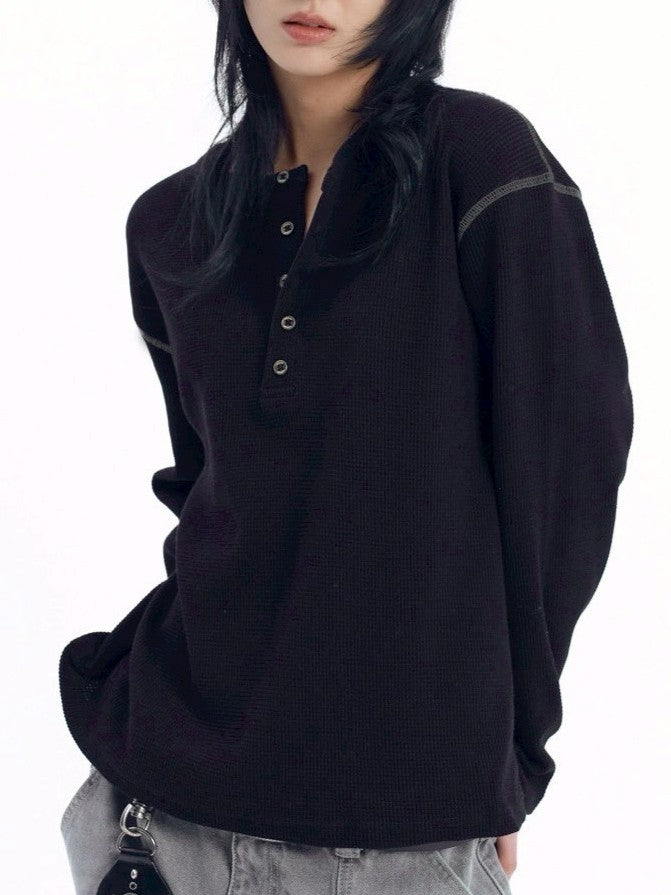 【AAKAM】Henley Neck Waffle Long Sleeve