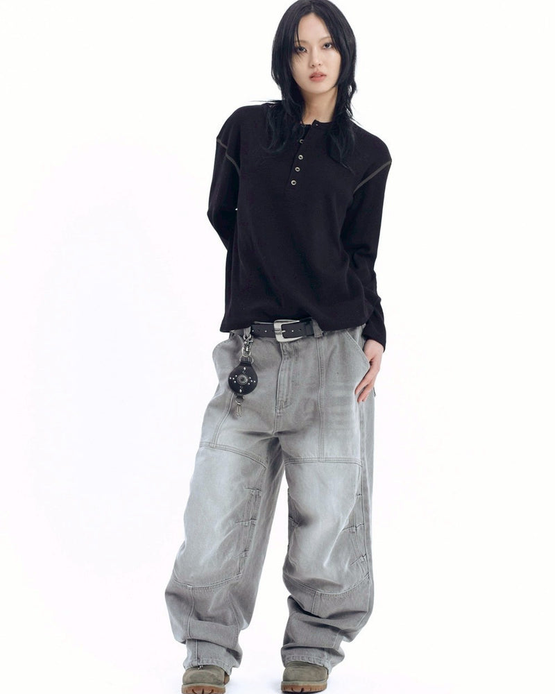 【AAKAM】Henley Neck Waffle Long Sleeve