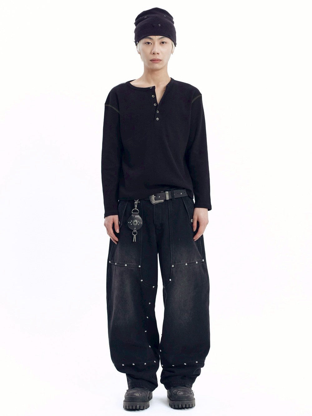 【AAKAM】Henley Neck Waffle Long Sleeve