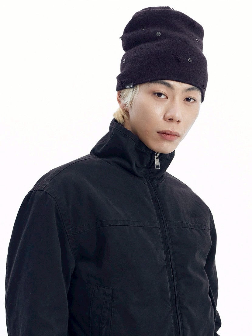 【AAKAM】Rhinestone Damaged Long Beanie