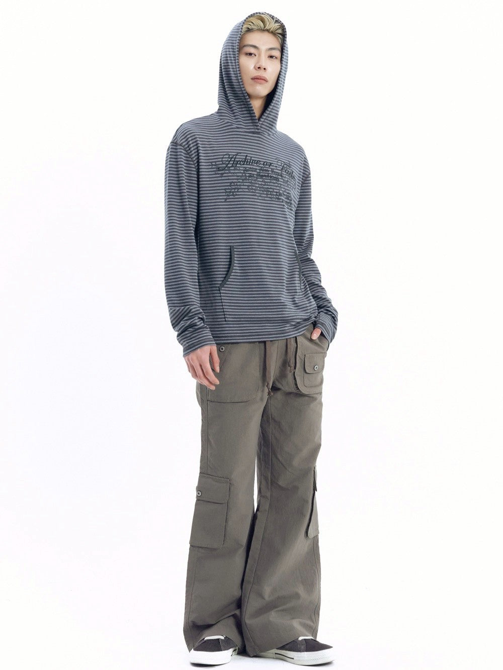 【AAKAM】Linear Pattern Hooded Long Sleeve