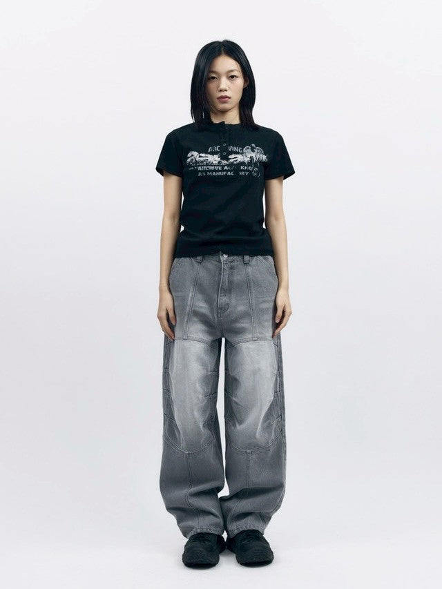 【AAKAM】Crack Henley Neck Half Top