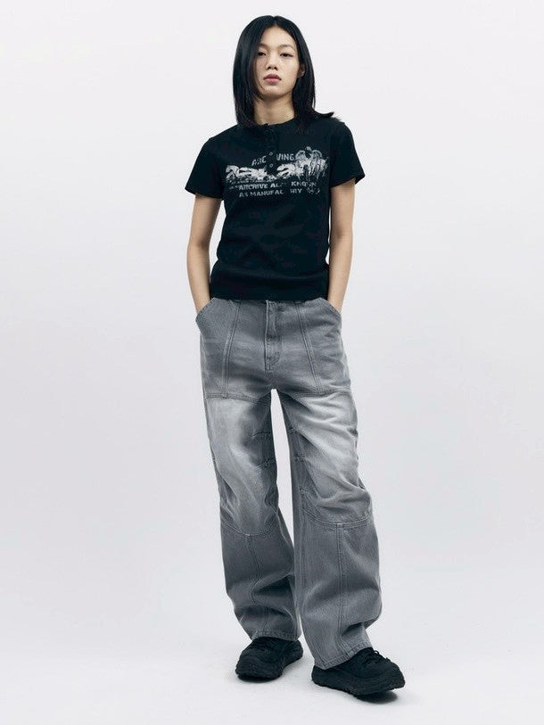 【AAKAM】Crack Henley Neck Half Top
