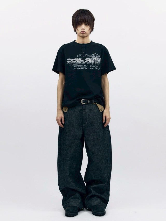 【AAKAM】Crack Henley Neck Half Top