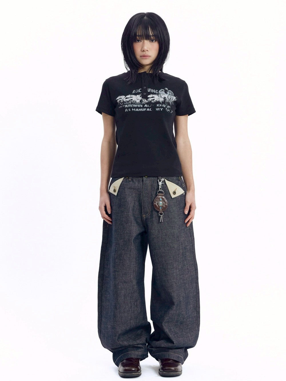 【AAKAM】Crack Henley Neck Half Top