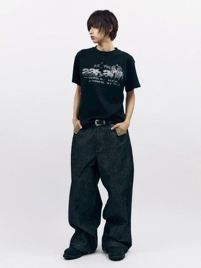 【AAKAM】Crack Henley Neck Half Top