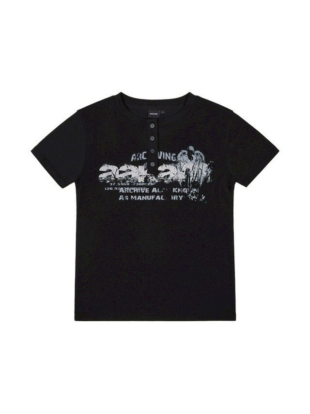 【AAKAM】Crack Henley Neck Half Top