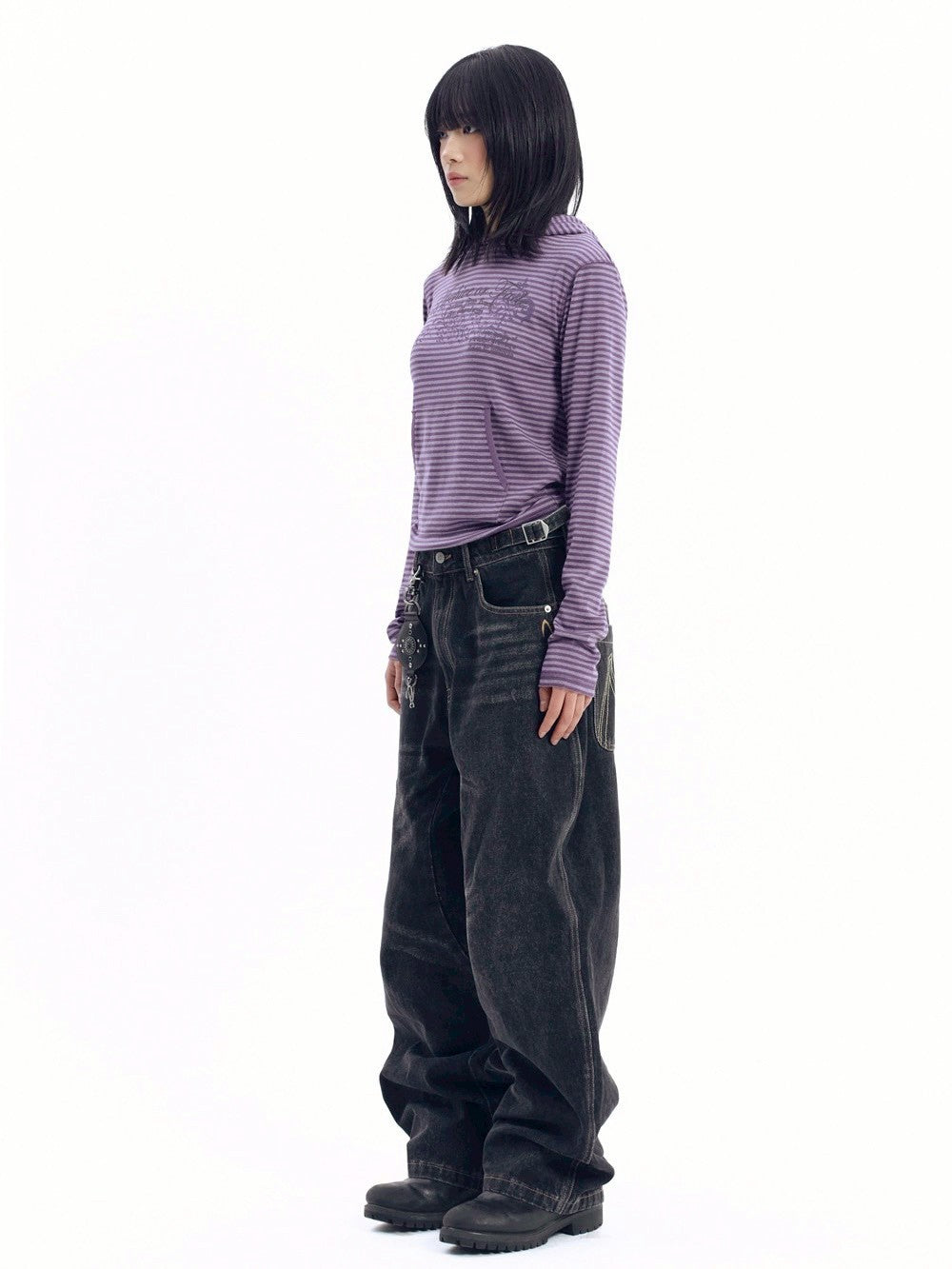 【AAKAM】Linear Pattern Hooded Long Sleeve