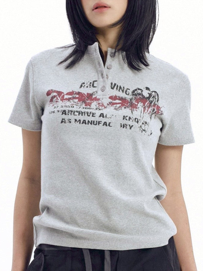 【AAKAM】Crack Henley Neck Half Top