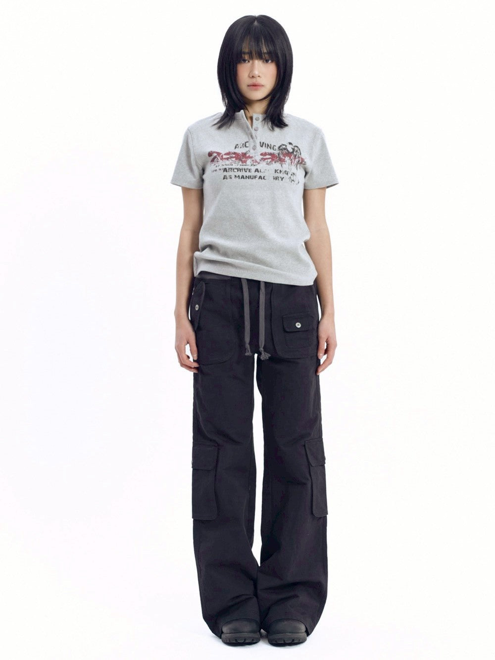 【AAKAM】Crack Henley Neck Half Top