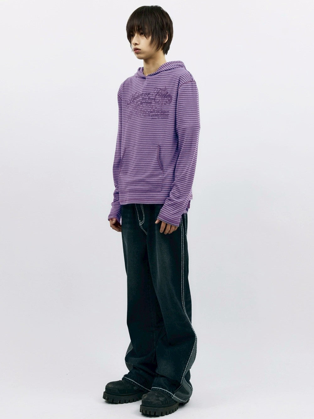 【AAKAM】Linear Pattern Hooded Long Sleeve