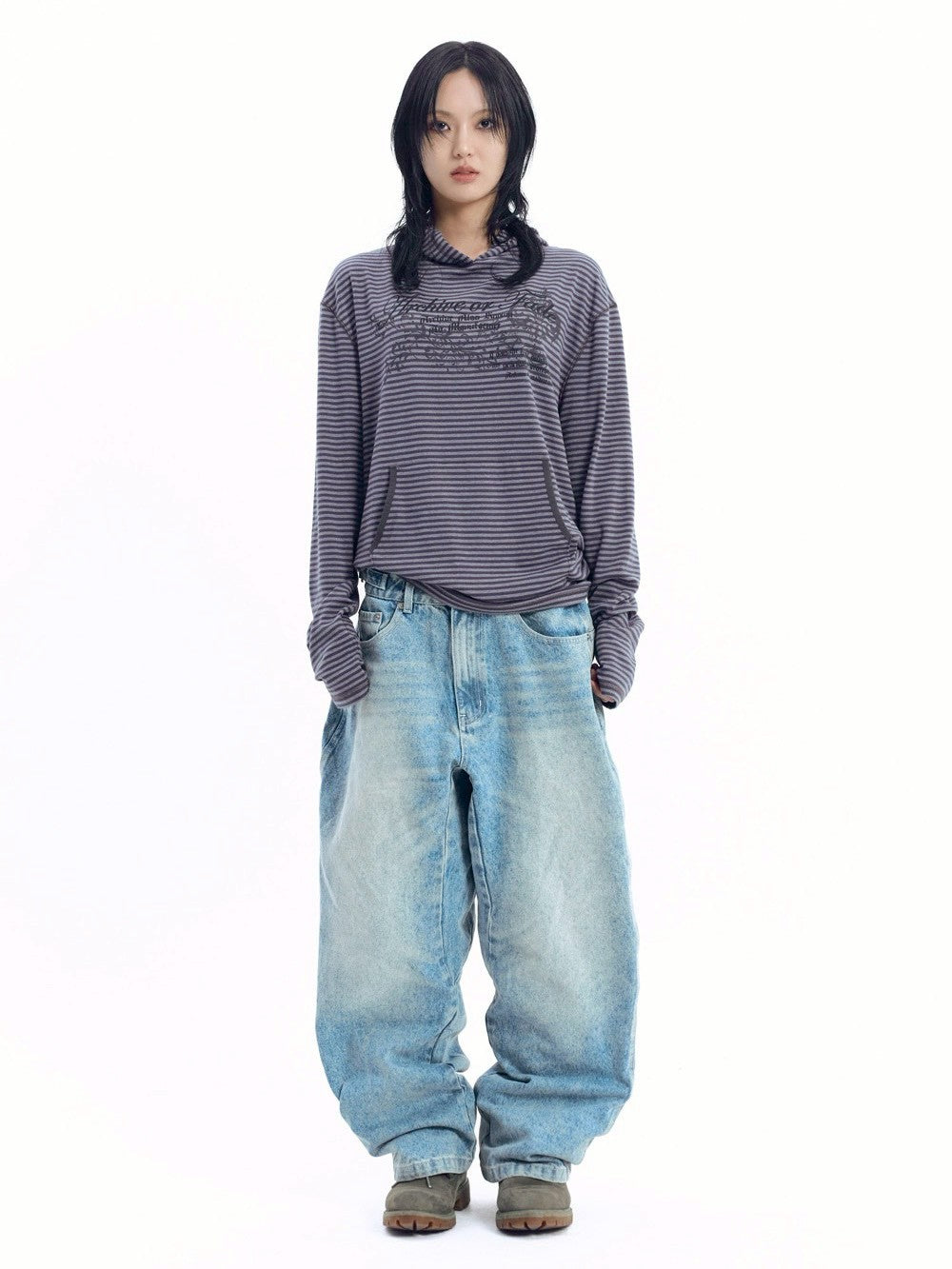 【AAKAM】Linear Pattern Hooded Long Sleeve