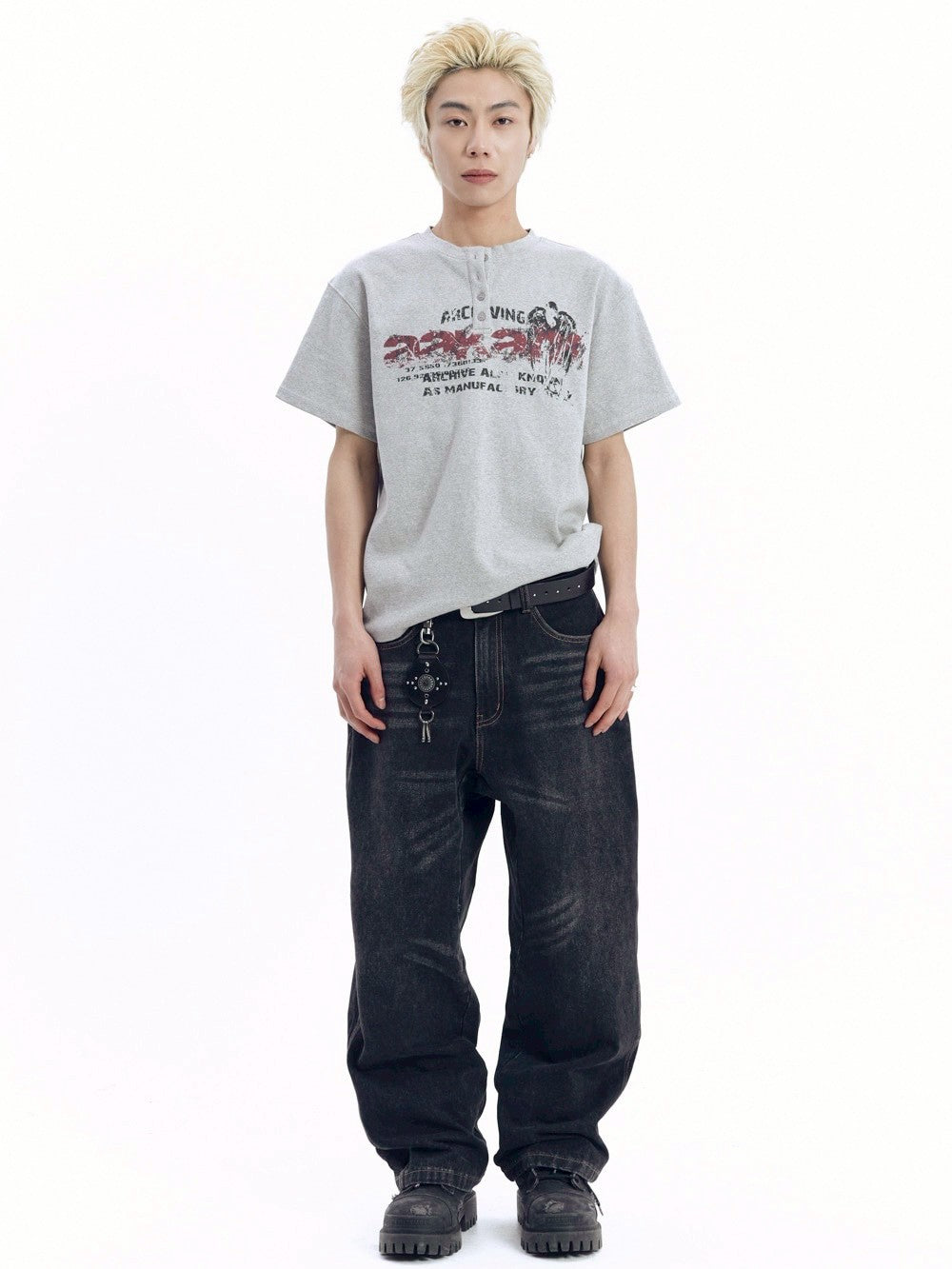 【AAKAM】Crack Henley Neck Half Top