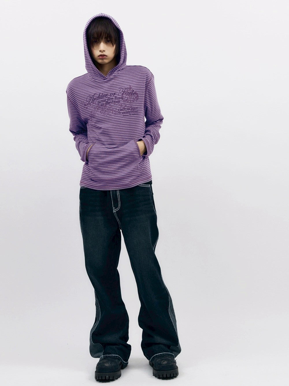 【AAKAM】Linear Pattern Hooded Long Sleeve
