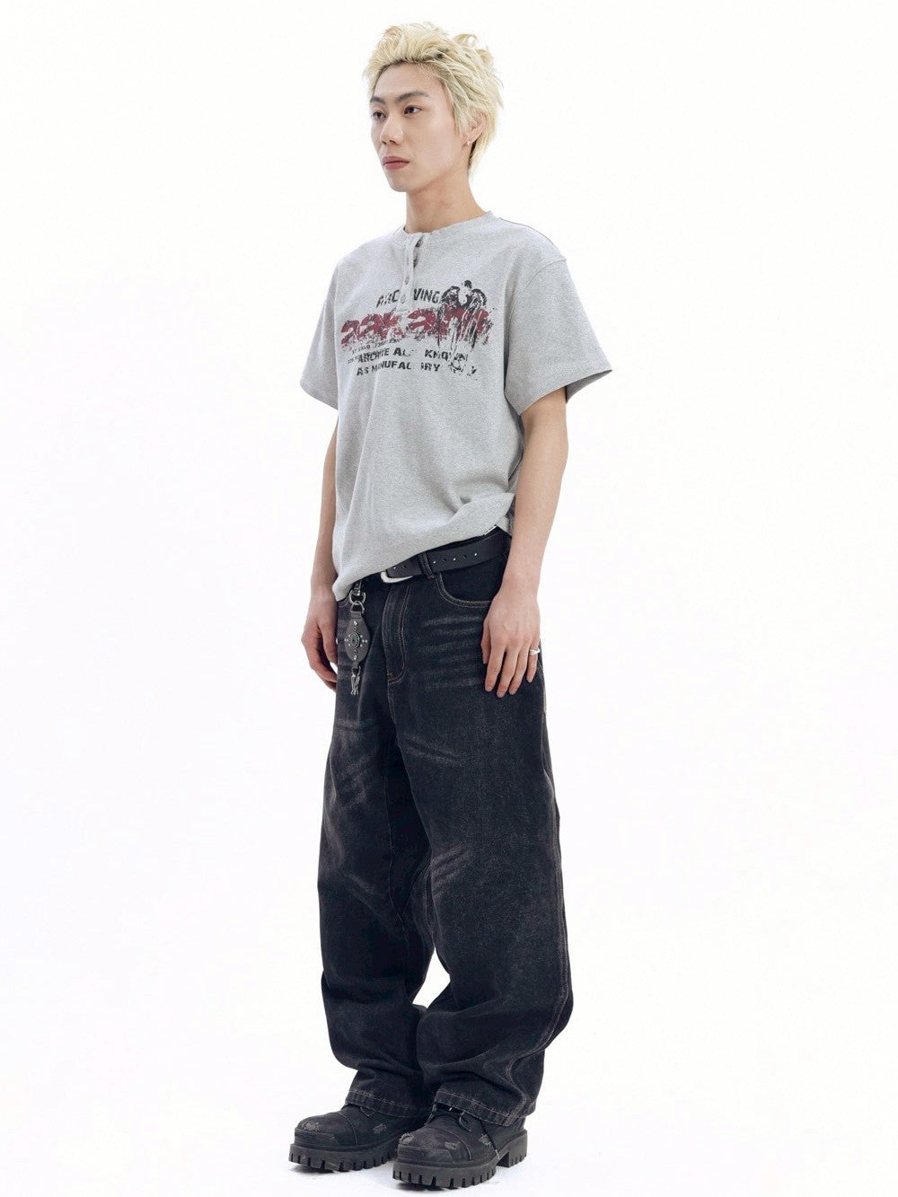 【AAKAM】Crack Henley Neck Half Top