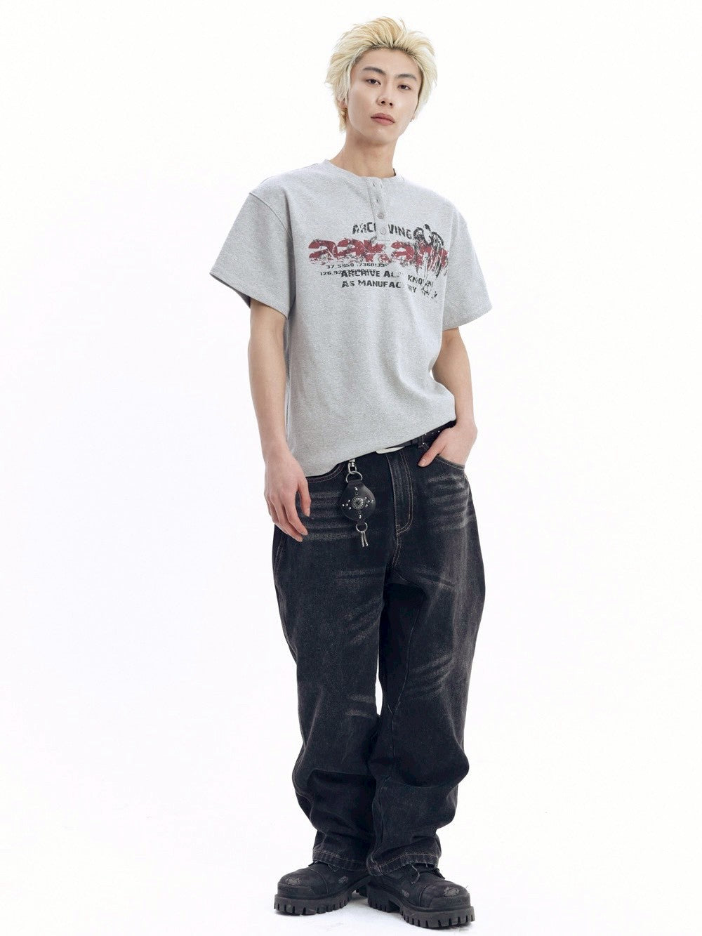 【AAKAM】Crack Henley Neck Half Top