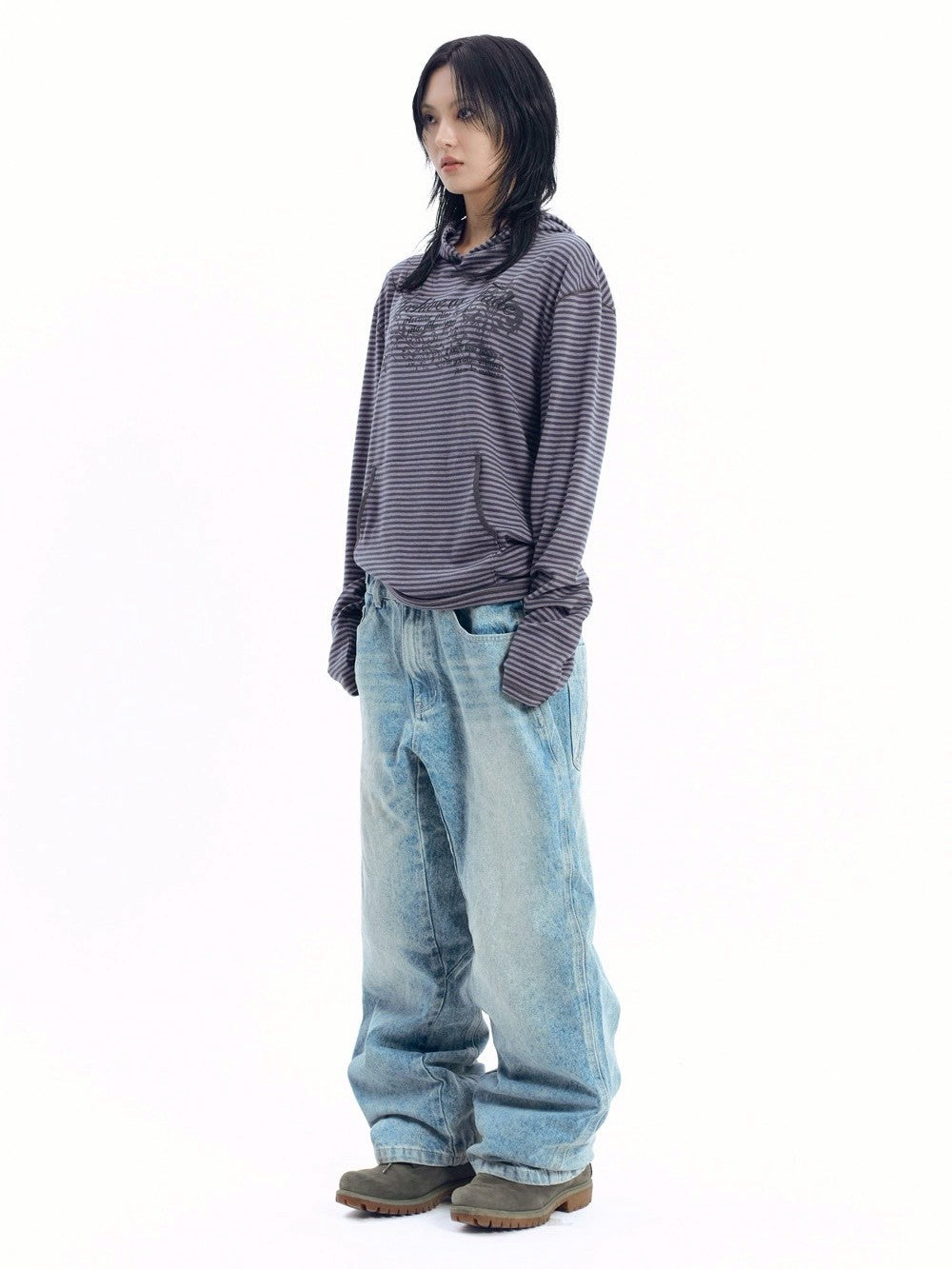 【AAKAM】Linear Pattern Hooded Long Sleeve