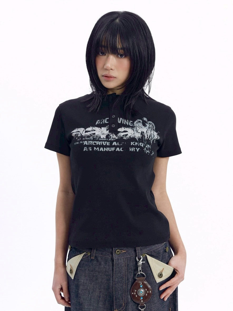 【AAKAM】Crack Henley Neck Half Top