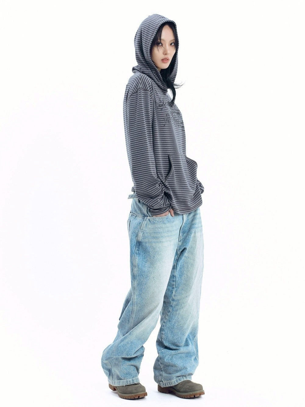 【AAKAM】Linear Pattern Hooded Long Sleeve