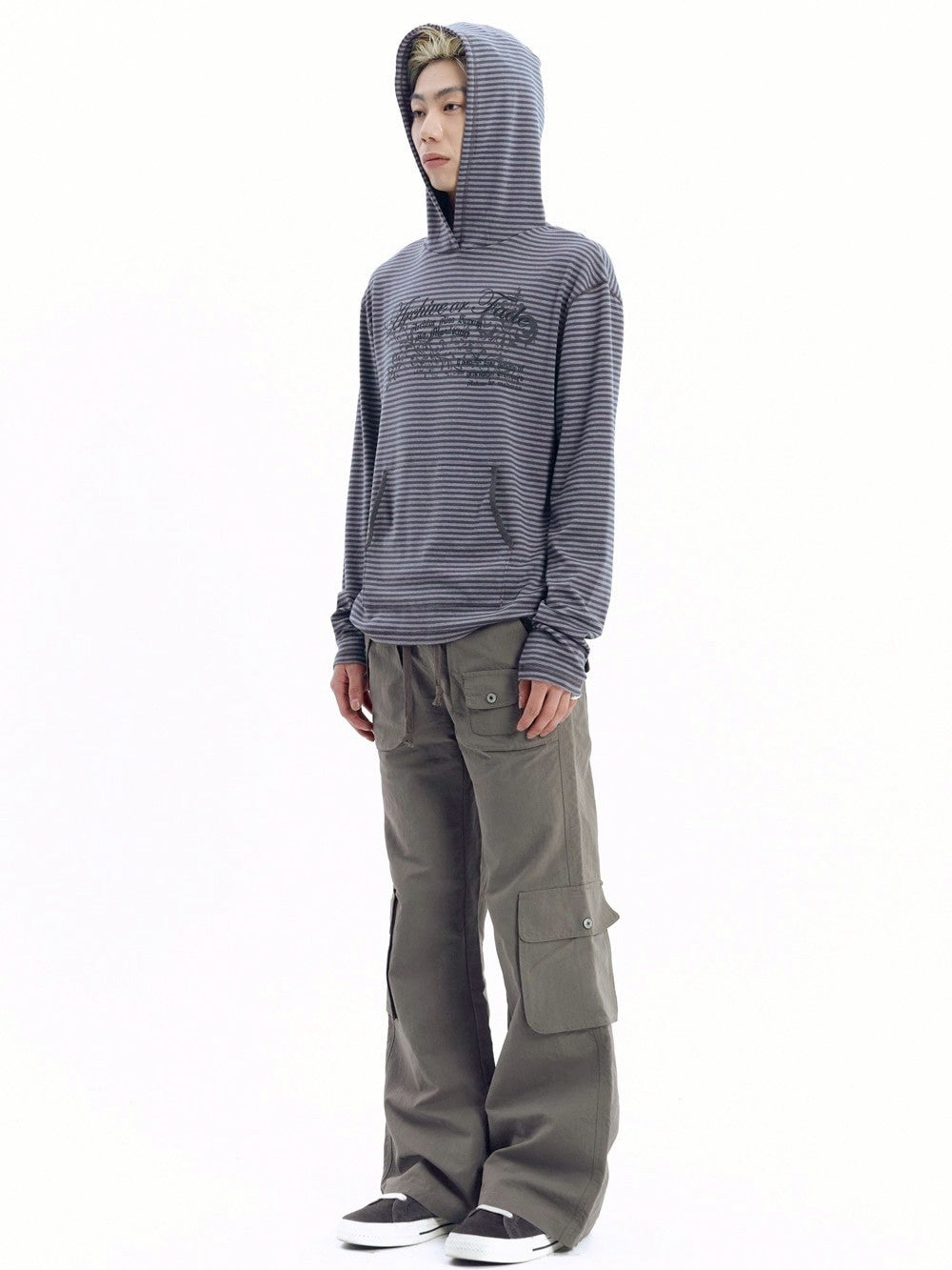 【AAKAM】Linear Pattern Hooded Long Sleeve