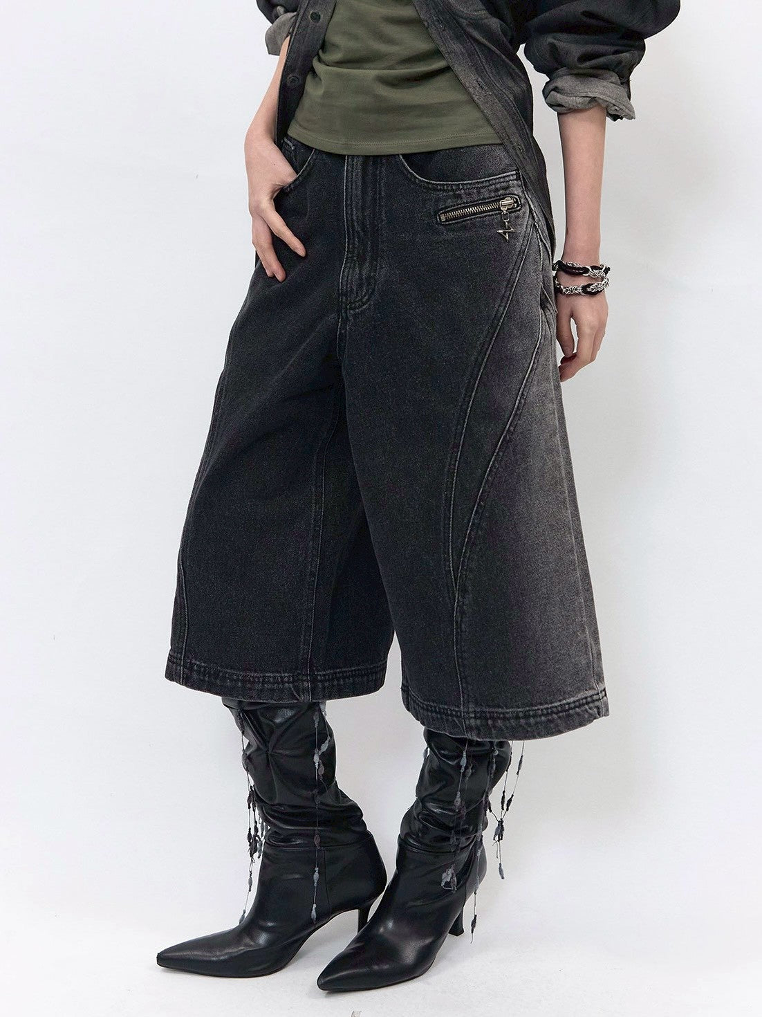 【BLR BLUER】Arc Line Bermuda Washing Denim Pants
