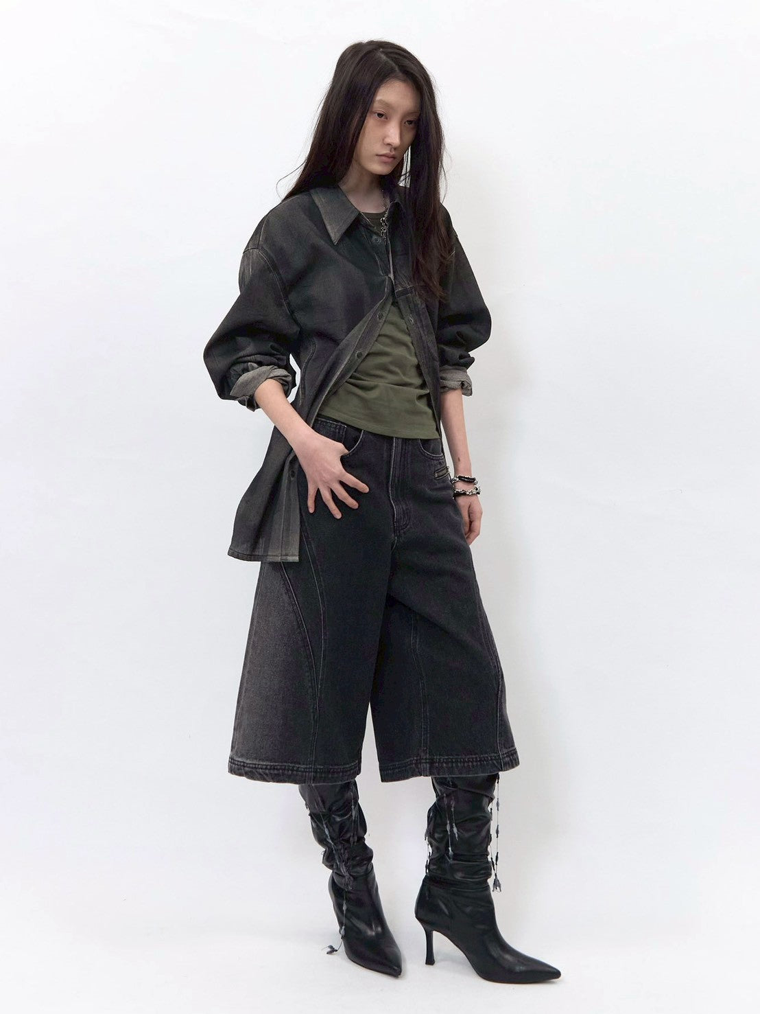 【BLR BLUER】Arc Line Bermuda Washing Denim Pants