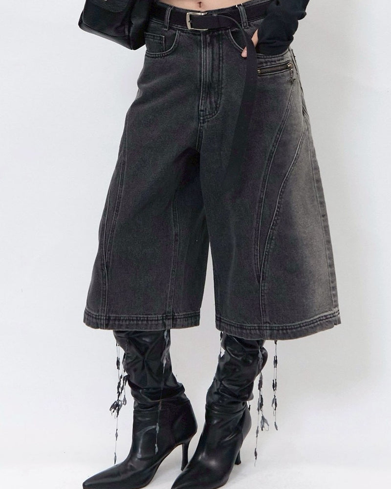 【BLR BLUER】Arc Line Bermuda Washing Denim Pants
