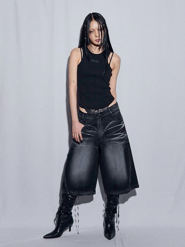 【BLR BLUER】Embossed Wave Washing Bermuda Denim Pants