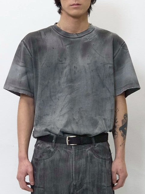 【BLR BLUER】Oil Wash Cut-Off Logo Short Sleeve T-Shirt