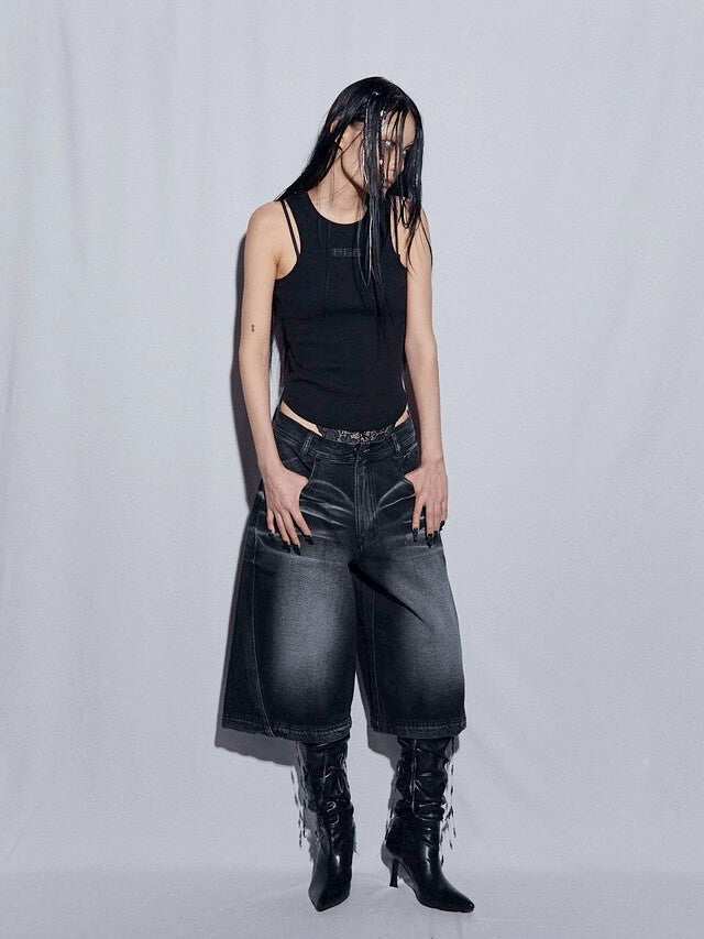 【BLR BLUER】Embossed Wave Washing Bermuda Denim Pants
