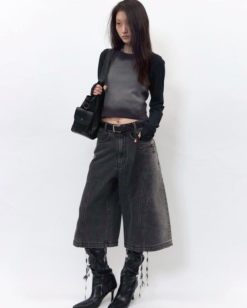 【BLR BLUER】Arc Line Bermuda Washing Denim Pants
