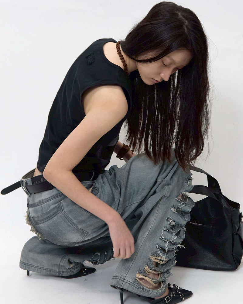 【BLR BLUER】Destroyed Vintage Oil Washing Denim Pants