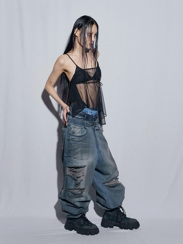 【BLR BLUER】Destroyed Oil Washed Wide Denim Pants