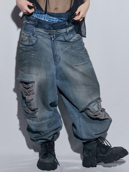【BLR BLUER】Destroyed Oil Washed Wide Denim Pants