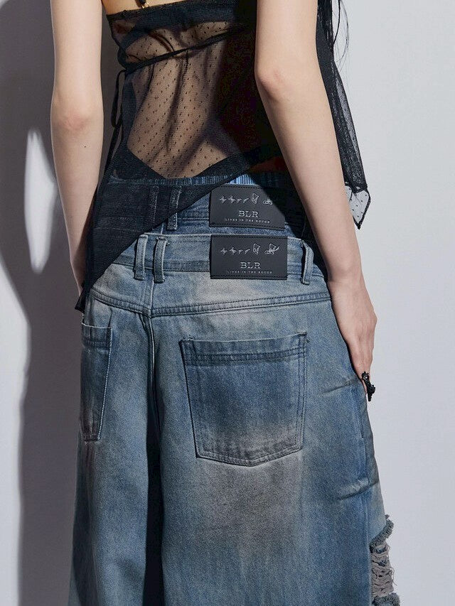 【BLR BLUER】Destroyed Oil Washed Wide Denim Pants