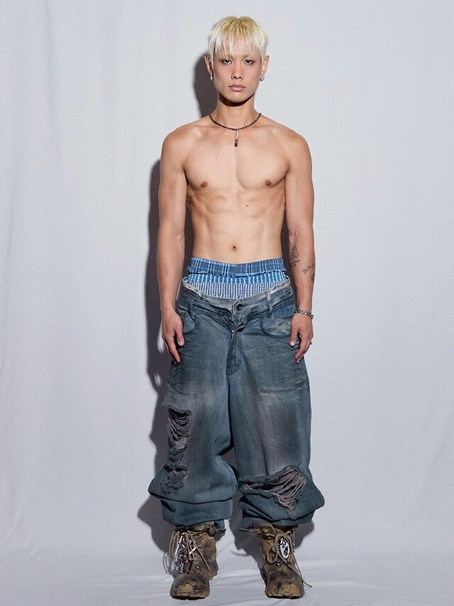【BLR BLUER】Destroyed Oil Washed Wide Denim Pants