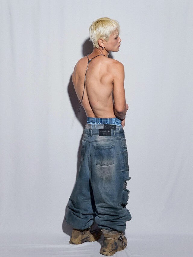 【BLR BLUER】Destroyed Oil Washed Wide Denim Pants