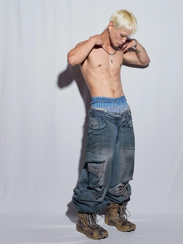 【BLR BLUER】Destroyed Oil Washed Wide Denim Pants