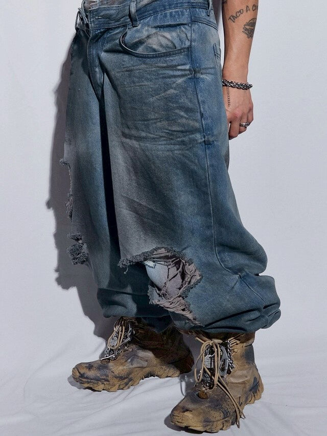 【BLR BLUER】Destroyed Oil Washed Wide Denim Pants