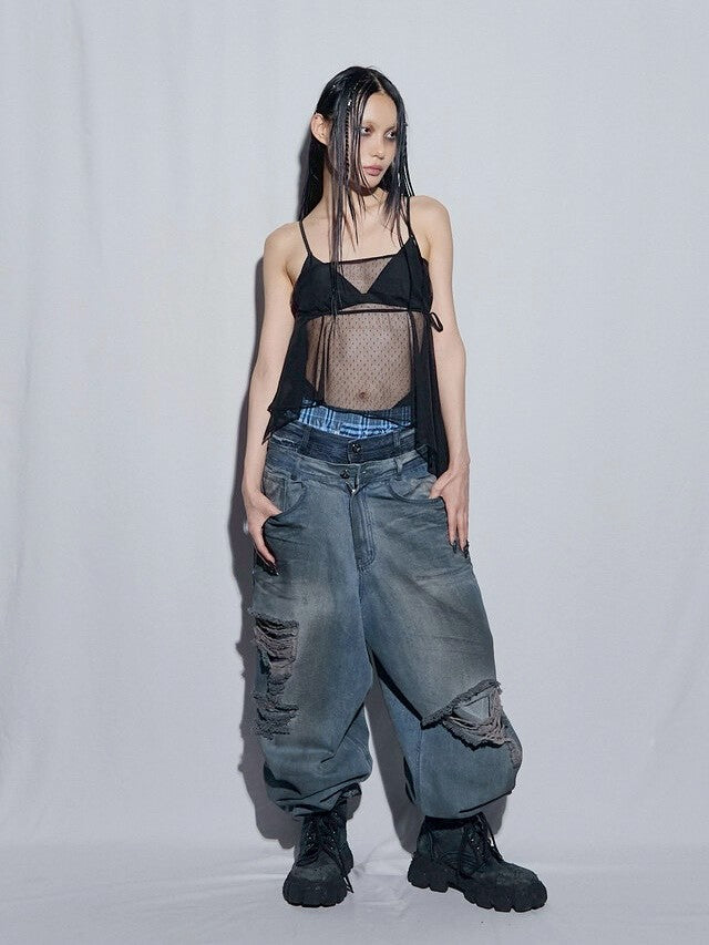 【BLR BLUER】Destroyed Oil Washed Wide Denim Pants