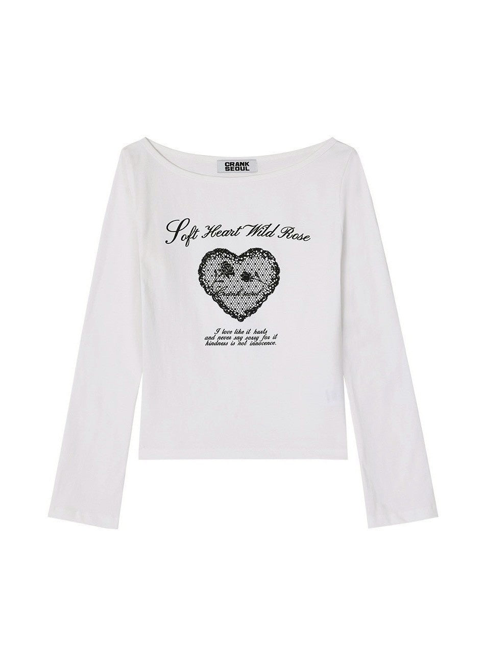 【CRANK】HEART PRINT BOAT NECK TOP