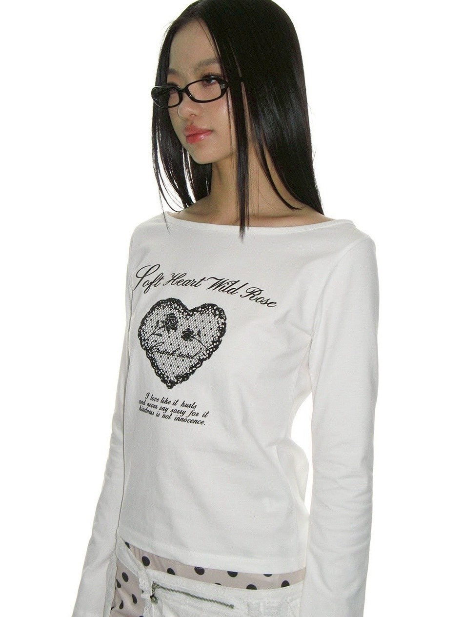 【CRANK】HEART PRINT BOAT NECK TOP