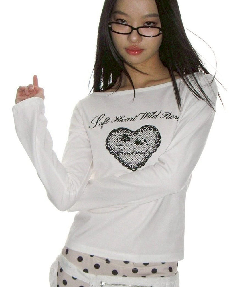 【CRANK】HEART PRINT BOAT NECK TOP