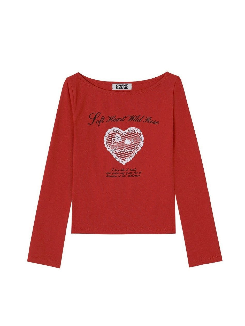 【CRANK】HEART PRINT BOAT NECK TOP