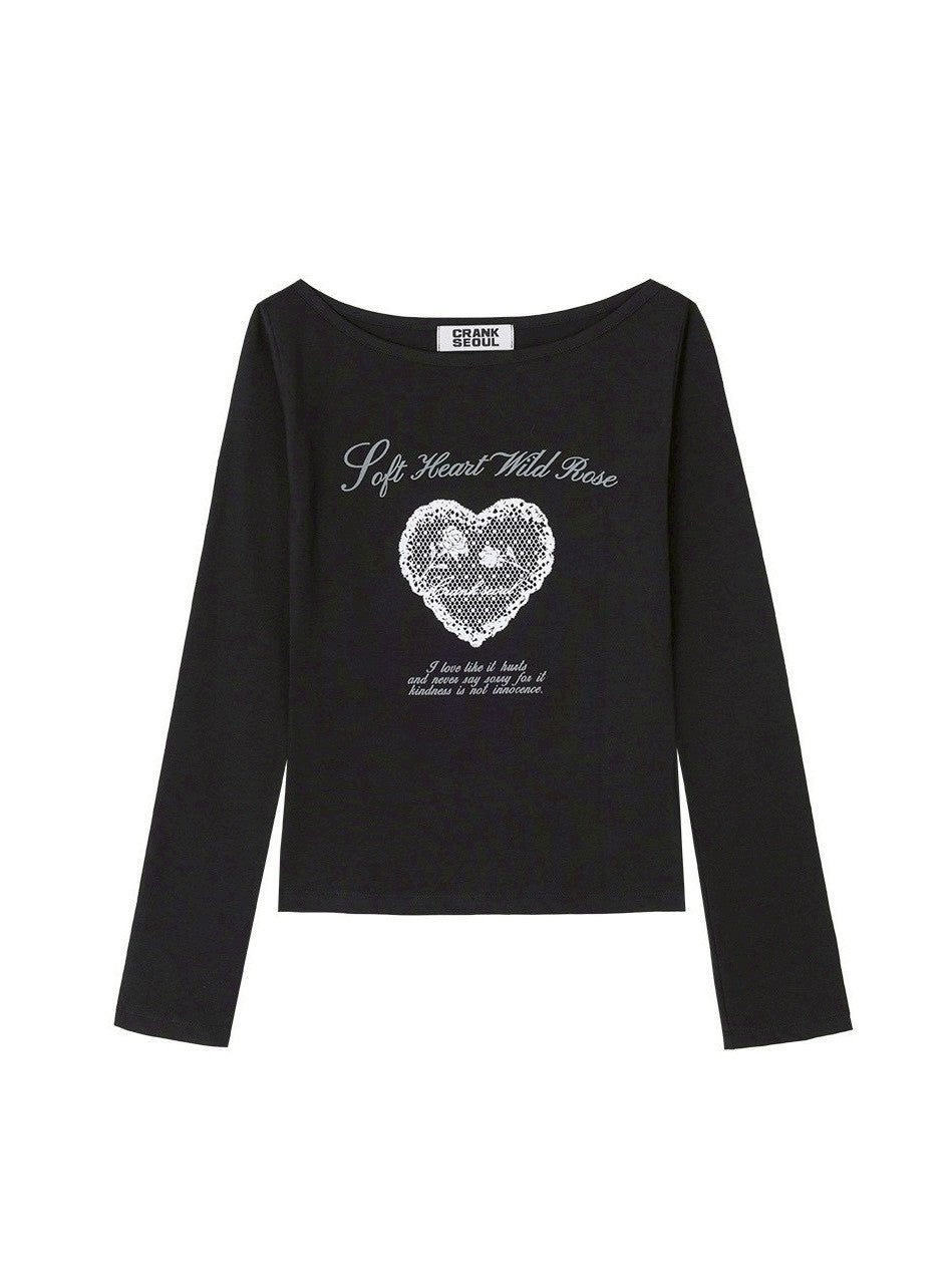 【CRANK】HEART PRINT BOAT NECK TOP
