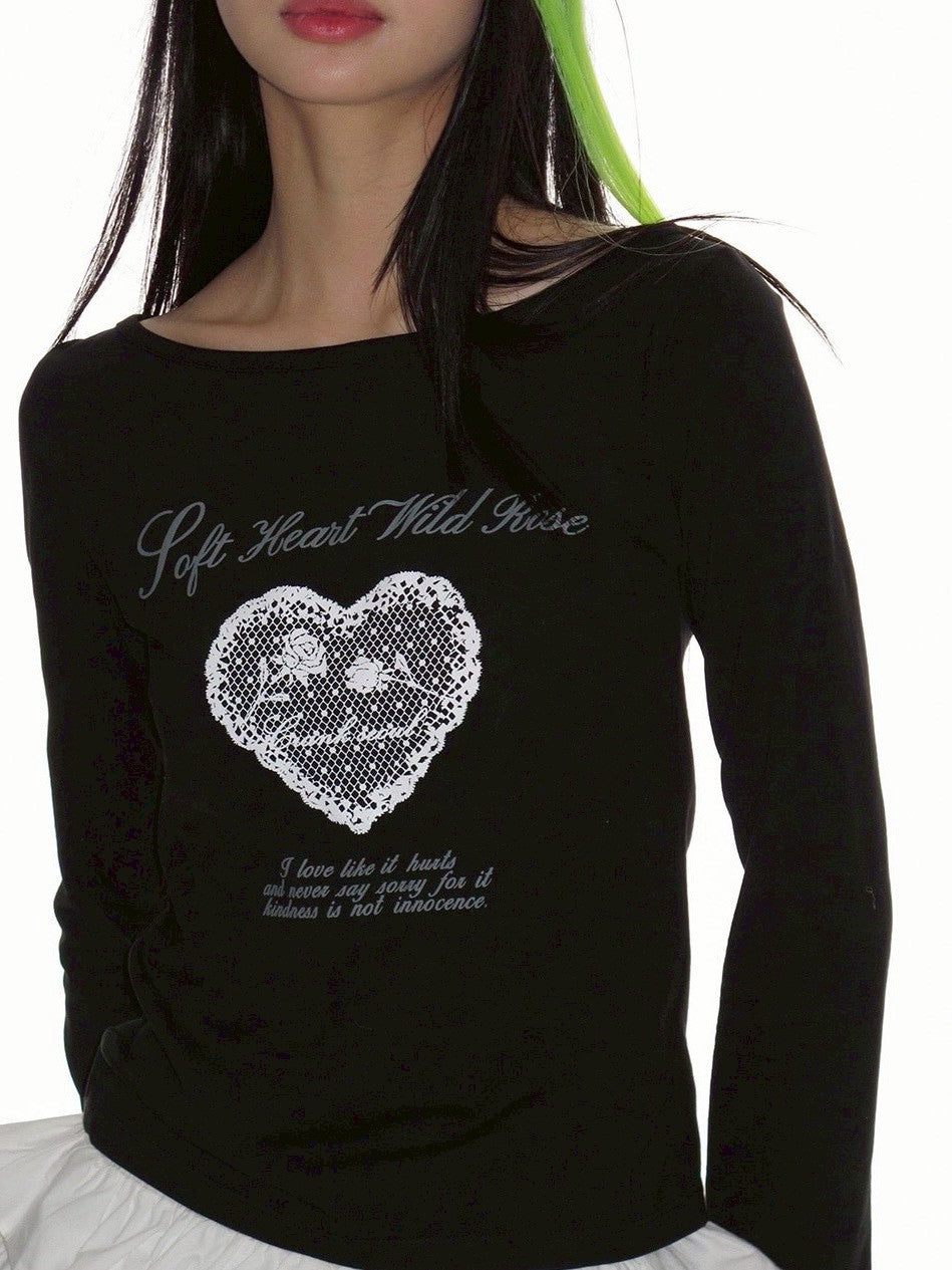 【CRANK】HEART PRINT BOAT NECK TOP