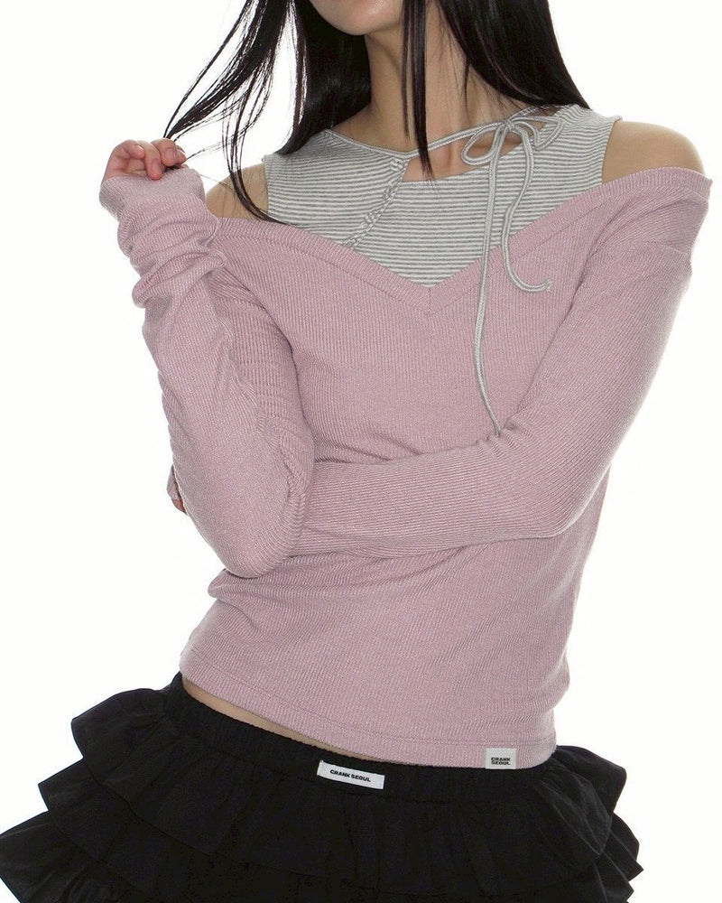 【CRANK】STRIPE LAYERED V-NECK KNIT