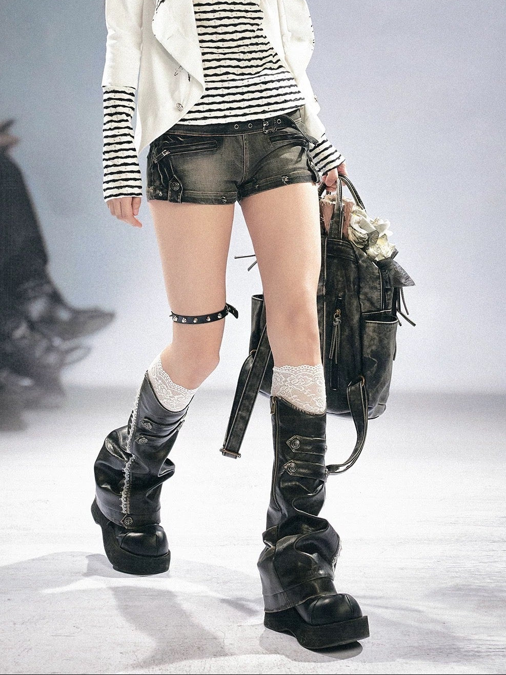 【Cest Nous】Lace Leather Leg 
Warmers